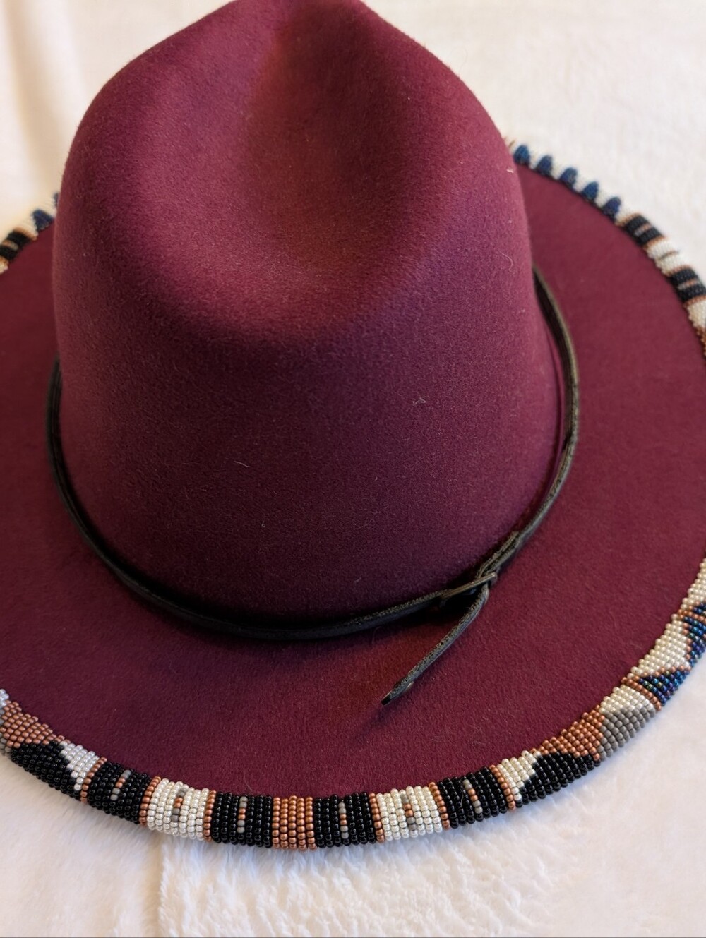 Burgundy Fedora Hat with Beaded Brim - Picture 3 of 6